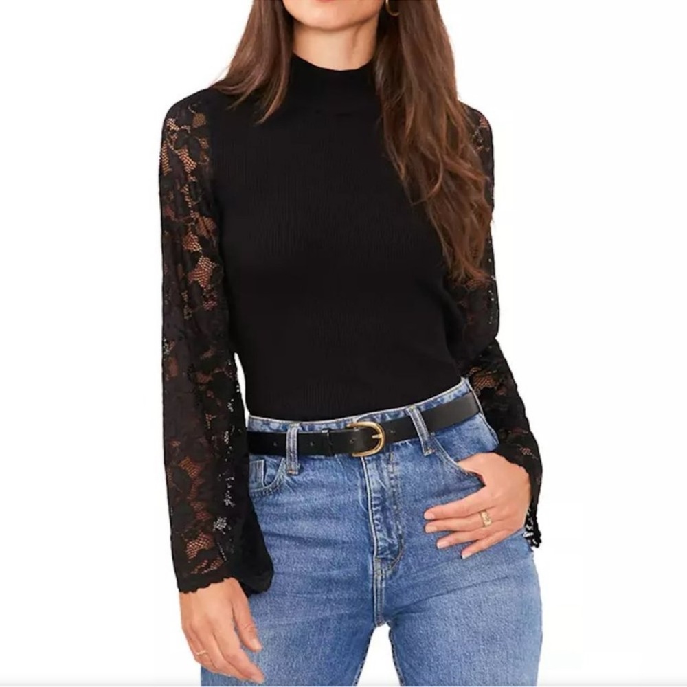 Vince Camuto Black Mock Neck Top with Lace Sleeves: M